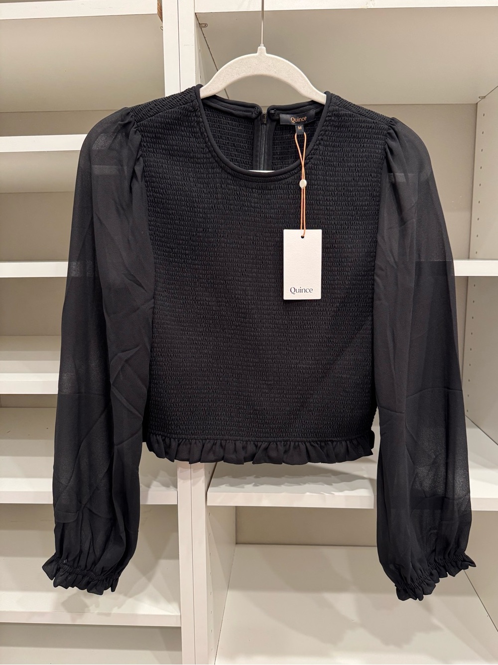 NWT Quince Chiffon Cropped Smocked Blouse, Size Medium